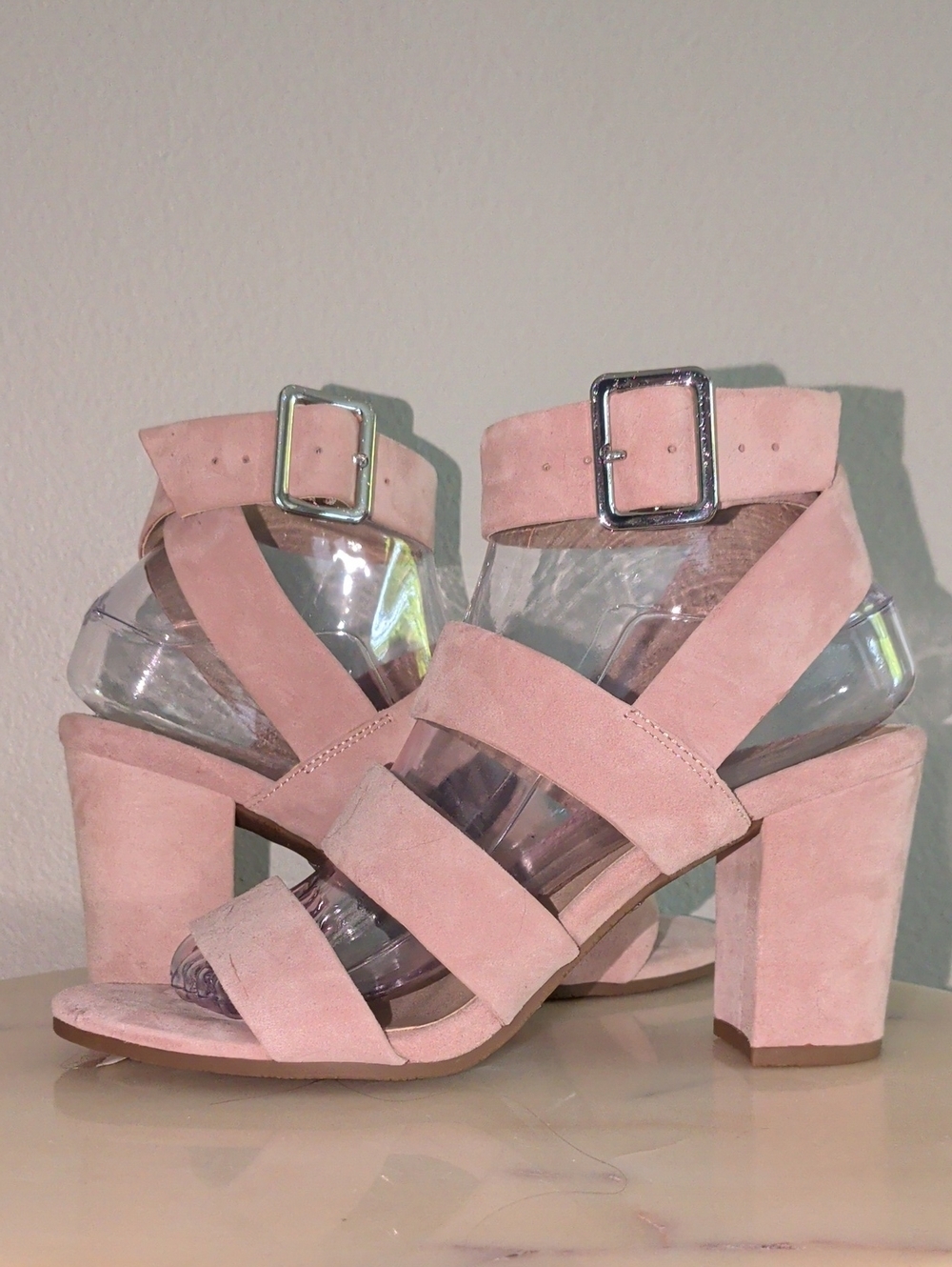 Vionic Pink Suede Block Heel Sandals